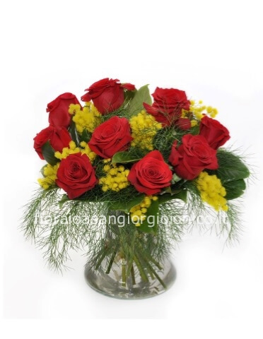 Bouquet di rose rosse e mimosa Piccolo